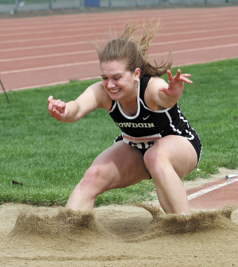 DIGGING IN: Bowdoin College’s Laura Peterson holds the school record in both the indoor and outdoor long jump. Peterson, a Hall-Dale High School graduate, is finishing up her senior year.