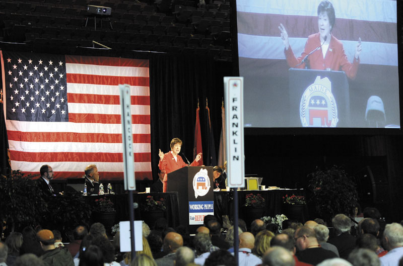 Maine U.S. Sen. Susan Collins speaks Saturday at the Republican State Convention at the Augusta Civic Center.