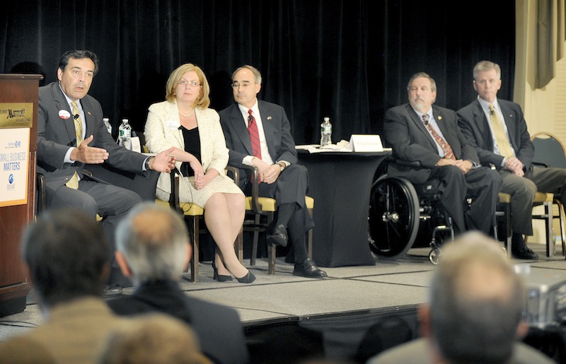 This photos shows the Portland Regional Chamber's candidate forum for Maine Republican U.S. Senate contenders on Wednesday, May 23, 2012 at the Sable Oaks Marriott in South Portland. From left to right: Rick Bennett, Debra Plowman, Bruce Poliquin, William Schneider and Charlie Summers.