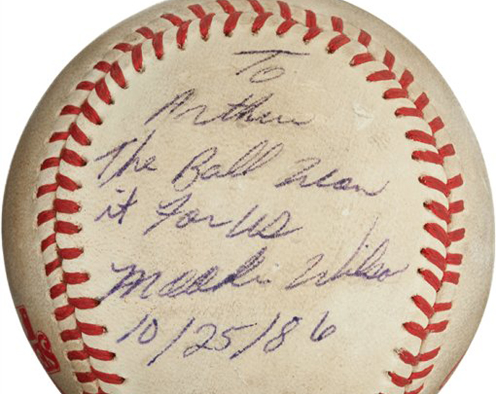 The "Buckner Ball," the baseball that dribbled between the legs of Boston Red Sox first baseman Bill Buckner during the 10th inning of Game Six of the 1986 World Series. The error gave the New York Mets the win and the team went on to beat the Red Sox the next night to win the World Series. The writing, by Mookie Wilson addressed to Mets traveling secretary Arthur Richman says: "To Arthur, the ball won it for us, Mookie Wilson, 10/25/86." Heritage Auctions says the ball is expected to bring in more than $100,000 on Friday.