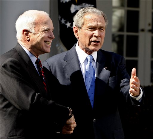 In this March 5, 2008 file photo, President George W. Bush and Republican nominee-in-waiting, Sen. John McCain, R-Ariz., shake hands in the Rose Garden of the White House in Washington. Expect Bush to stay far away from this year's presidential election. Mitt Romney's campaign doesn't foresee the 43rd president playing any substantive role in the race over the next six months and the GOP candidate's aides are carefully weighing how much the former president should be involved in this summer's GOP convention _ and for good reason. The Bush fatigue that was a drag on GOP nominee John McCain four years ago clearly still lingers, even among Republicans. (AP Photo/Gerald Herbert, File)