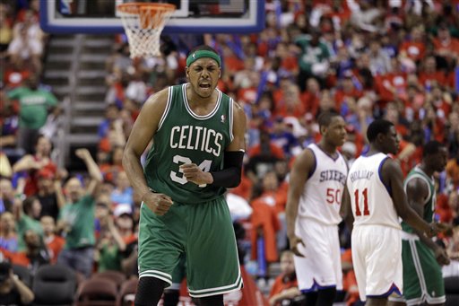 Boston Celtics' Paul Pierce reacts after a foul during the second half of Game 3 of an NBA basketball Eastern Conference semifinal playoff series against the Philadelphia 76ers, Wednesday, May 16, 2012, in Philadelphia. Boston won 107-91. (AP Photo/Matt Slocum)