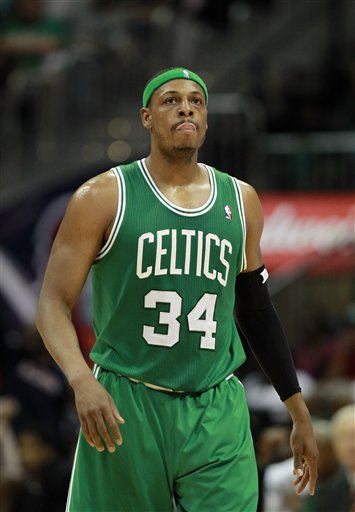 Boston Celtics small forward Paul Pierce (34) is shown against the Atlanta Hawks Game 5 of an NBA first-round playoff series basketball game Tuesday, May 8, 2012, in Atlanta. (AP Photo/John Bazemore)