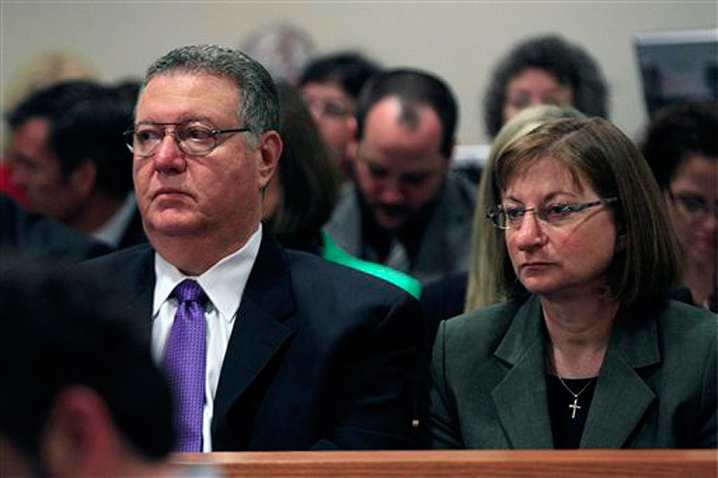 Tyler Clementi's parents, Joseph Clementi and Jane Clementi, look on during a sentencing hearing for Dharun Ravi, in New Brunswick, N.J., Monday, May 21, 2012. Ravi, a former Rutgers University student who used a webcam to watch his roommate, Tyler Clementi, kiss another man days before Clementi killed himself, was sentenced Monday to 30 days in jail. A judge also gave 20-year-old Dharun Ravi three years of probation. (AP Photo/Mel Evans)