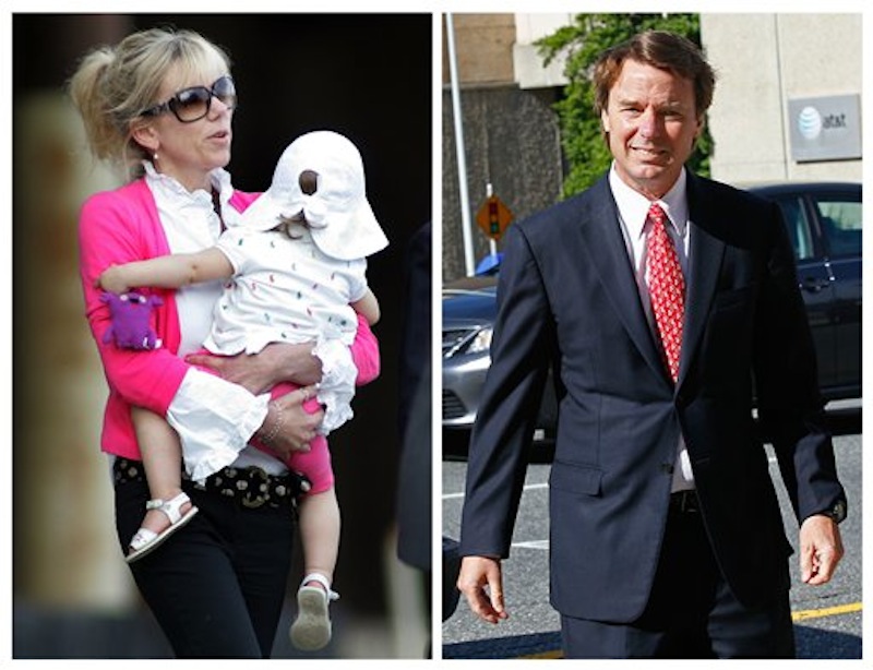 This photo combo shows Rielle Hunter, left, in an Aug. 6, 2009, file photo, and former U.S. senator and presidential candidate John Edwards in a May 10, 2012 file photo. Hunter billed herself a truth seeker. Then she met John Edwards in the bar of a New York City hotel in February 2006. Their relationship opened the door to a landslide of lies, most notably that the relationship existed at all, and that the child it produced was his. Edwards' truthfulness now lies at the heart of his campaign finance trial, with the former Senator insisting he had no idea that money from a pair of wealthy benefactors was being spent to hide Hunter and keep her away from tabloids. (AP Photo/Jim R. Bounds, Gerry Broome)