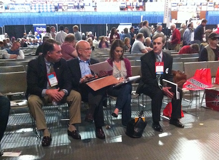 Benjamin Ginsberg, second from left, is Mitt Romney's top lawyer. He's seen here at the Maine Republican State Convention on Sunday. Ginsberg was sent to Maine to deal with an assortment of legal issues stemming from the convention takeover by the Ron Paul campaign.