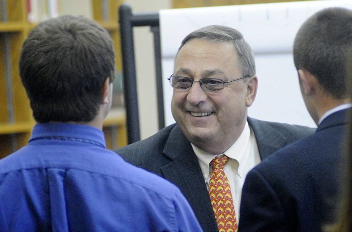 Governor Paul LePage speaks with Cheverus High School students Wednesday, May 2, 2012. LePage signed the state budget Wednesday, May 16.