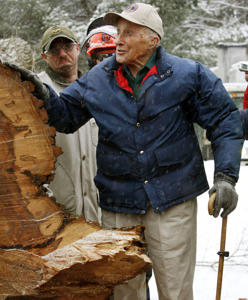 TREE MAN: In this January 2010 photo, Frank Knight puts his hand on New England's tallest elm tree, known as "Herbie," after it succumbed to Dutch elm disease and was cut down in Yarmouth. Knight, who took care of the tree for five decades while working as the Yarmouth tree warden, died in Scarborough on Monday. He was 103.