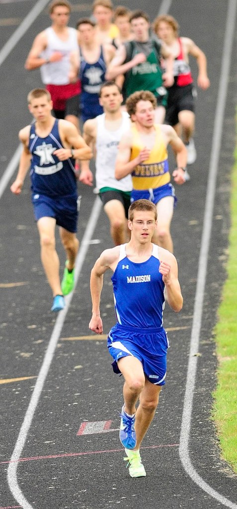 PACE-SETTER: Madison’s Matt McClintock led the pack on his way to winning the 1,600-meter run at the Mountin Valley Conference championships on Friday at Alumni Field in Augusta. McClintock finished in a meet record time of 4 minutes, 21.24 seconds.