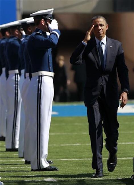 President Barack Obama arrives to deliver the commencement address at the U.S. Air Force Academy, Wednesday, May 23, 2012, in Colorado Springs, Colo. (AP Photo/Pablo Martinez Monsivais)