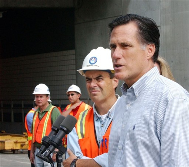 In this July 15, 2006, file photo, Massachusetts Gov. Mitt Romney, right, speaks to members of the media outside one of the Big Dig tunnels, following a tour of the deadly Big Dig highway tunnel in Boston. Mike Lewis, Big Dig project director is at center. Romney was at his New Hampshire vacation home on a summer night in 2006 when tons of concrete ceiling panels in one of Bostonís Big Dig highway tunnels collapsed. Romney, then in his final year as Massachusetts governor, dashed back to Boston and immersed himself in the crisis. His response offers insights into what kind of leader the expected Republican nominee would be if elected president. Romney has made his management skills a major selling point in his campaign. (AP Photo/Lisa Poole, File)