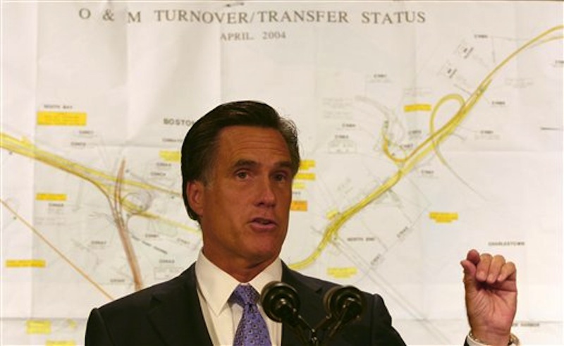 In this July 14, 2006, file photo, Massachusetts Gov. Mitt Romney uses a map of the Big Dig tunnels to make a point about potential trouble spots during an afternoon briefing in Boston. Romney was at his New Hampshire vacation home on a summer night in 2006 when tons of concrete ceiling panels in one of Bostonís Big Dig highway tunnels collapsed. The debris crushed a car and killed a female passenger. Romney, then in his final year as Massachusetts governor, dashed back to Boston and immersed himself in the crisis. His response offers insights into what kind of leader the expected Republican nominee would be if elected president. Romney has made his management skills a major selling point in his campaign. (AP Photo/Celina Fang)