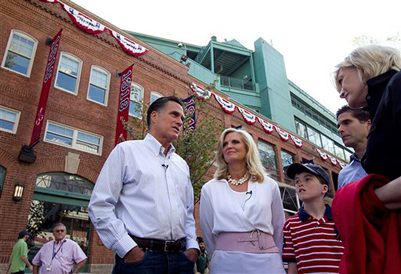 In this April 16, 2012 file photo, Republican presidential candidate, former Massachusetts Gov. Mitt Romney and his wife Ann, are seen outside Fenway Park baseball stadium in Boston. Donít bet on Mitt Romney winning his home state. Or even trying. ìThatís not been a topic of discussion,î Romney campaign adviser Kevin Madden said when asked if the Republican former Massachusetts governor would compete in the heavily Democratic state. (AP Photo/Steven Senne)