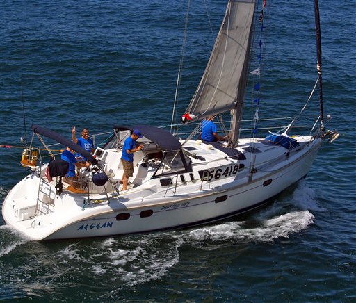 This Friday, April 27, 2012, photo shows the Aegean with crew members at the start of a 125-mile Newport Beach, Calif. to Ensenada, Mexico, yacht race.