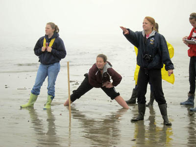 CALCULATING: Richmond High School students, from left, senior Lindsy Hoopingarner, junior Heather Brown and junior Noell Acord gather data on waves Wednesday at Popham Beach State Park. Students planned to compare data they collected with a computer’s analysis of video they also shot.