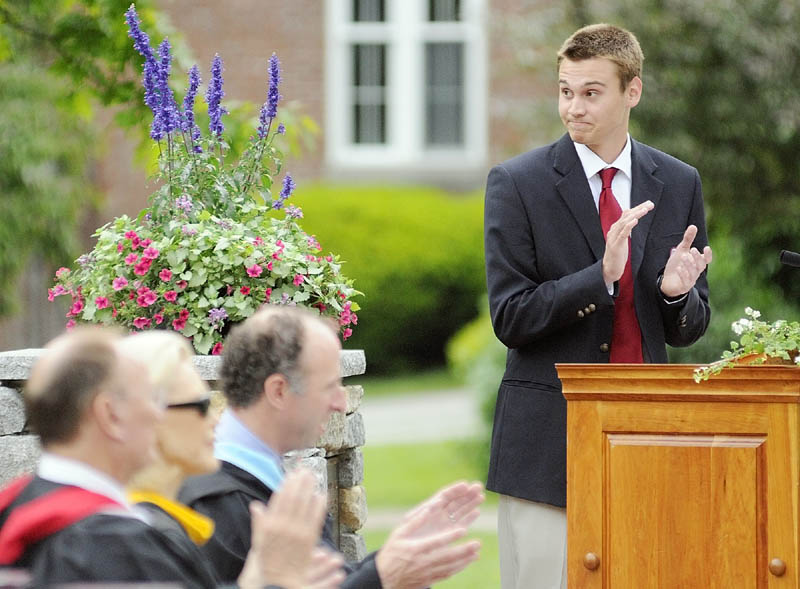 Student Body President Brandon Bourgeois, of the Canadian province of New Brunswick, spoke during Kents Hill School graduation on Saturday morning in Readfield. He told the crowd that he and his classmates have grown from "awkward young teens" to scholars who will go on to be doctors, lawyers, politicians and actors. He thanked the teachers who often served as surrogate parents. "There isn't a better environment to develop a young mind than right here," he said. He also encouraged his peers to "find your passion in life and stick to it." "Don't go into a certain field just because there's a lot of money," he said. "Know at the end of the day, you can be proud of what you do."