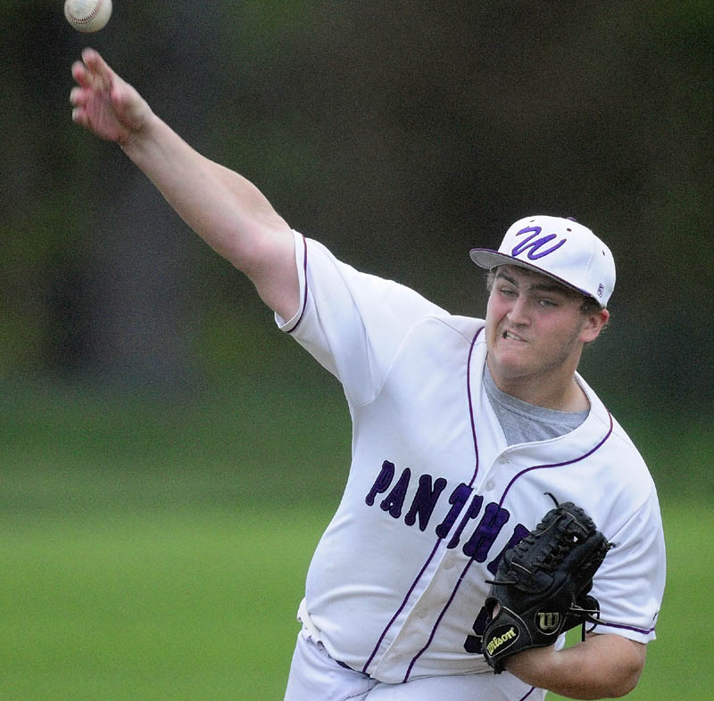 Waterville pitcher J.T. Whitten throws during a game against Maranacook on Wednesday in Readfield.
