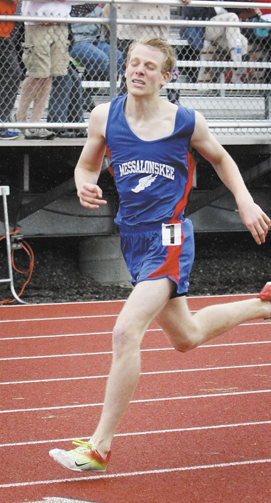 ALL-OUT EFFORT: Messalonskee’s Harlow Ladd runs to victory in the 1,600-meter run at the Class A state championship meet Saturday at Windham High School. Ladd also won the 3,200.