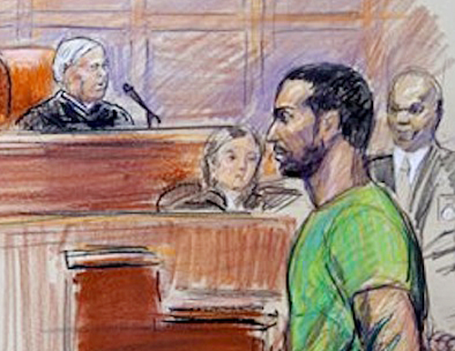 This artist rendering shows Amine El Khalifi before U.S. District Judge T. Rawles Jones Jr. in federal court in Alexandria, Va., on Feb. 17, 2012.