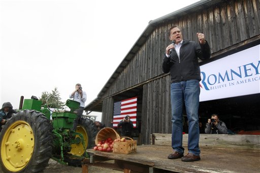 Republican presidential candidate Mitt Romney, campaigning here in Gilbert, S.C., tells voters in small towns that he planted alfalfa on his uncle's farm as a teenager.