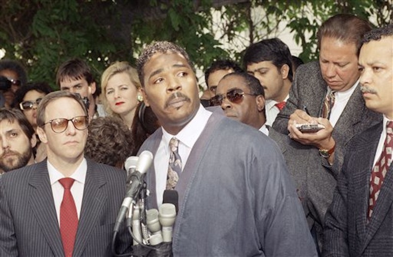 This May 1, 1992 file photo shows Rodney King making a statement at a Los Angeles news conference. King, the black motorist whose 1991 videotaped beating by Los Angeles police officers was the touchstone for one of the most destructive race riots in the nation's history, has died, his publicist said Sunday, June 17, 2012. He was 47. (AP Photo/David Longstreath, file)