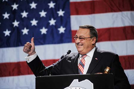 Staff Photo by Shawn Patrick Ouellette: Governor Paul LePage gives a thumbs up as he speaks during the Maine Republican Party State Convention Sunday, May 6, 2012.