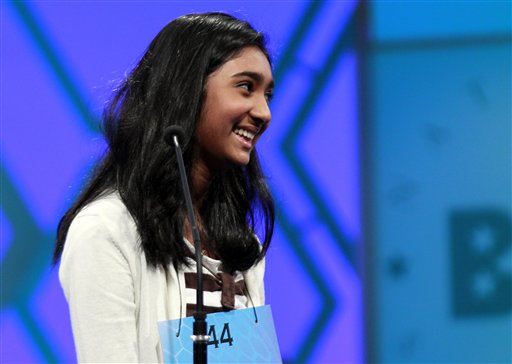 Stuti Mishra, 14, of West Melbourne, Fla., reacts after spelling a word during the finals of the National Spelling Bee Thursday in Oxon Hill, Md.