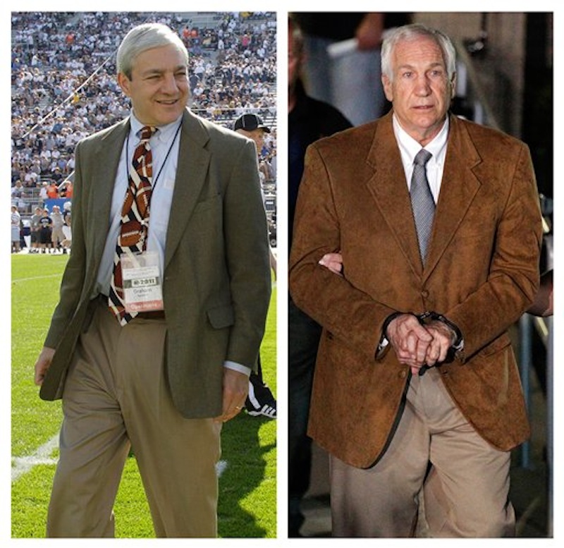 In this photo combo, at left, in an Oct. 8, 2011 file photo, Penn State president Graham Spanier walks on the field before an NCAA college football game in State College, Pa. At right, former Penn State University assistant football coach Jerry Sandusky leaves the Centre County Courthouse in custody after being found guilty of multiple charges of child sexual abuse in Bellefonte, Pa., Friday, June 22, 2012. CNN says it has seen emails showing Spanier agreed not to take allegations of sex abuse against Sandusky to authorities but worried they'd be "vulnerable" for failing to report it. CNN says the emails followed a graduate assistant's 2001 report of seeing Sandusky sexually assaulting a boy in a shower. (AP Photo/Gene J. Puskar, File)