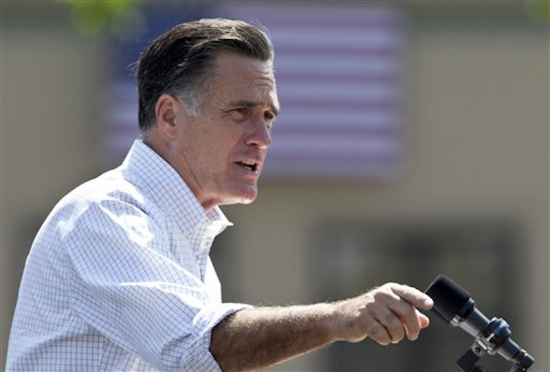 Republican presidential candidate, former Massachusetts Gov. Mitt Romney speaks during a campaign stop in Council Bluffs, Iowa, Friday, June 8, 2012. Republican groups are outspending Democrats by a ratio of 3.5 to 1 on television in an attempt to win the White House. (AP Photo/Nati Harnik)