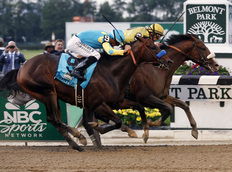 Union Rags with jockey John Velazquez, right, holds off Paynter with jockey Mike Smith to win the 144th Belmont Stakes at Belmont Park in Elmont, N.Y., today. Union Rags is owned by part-time Tenants Harbor, Maine, resident Phyllis Wyeth.