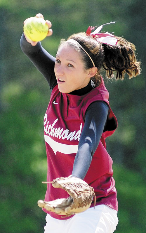 AND THE WINDUP: Richmond pitcher Leandra Martin throws during a softball playoff game last week in Richmond. Martin and the Bobcats will face Rangeley in the Western Class D regional final Wednesday at St. Joseph’s College in Standish.