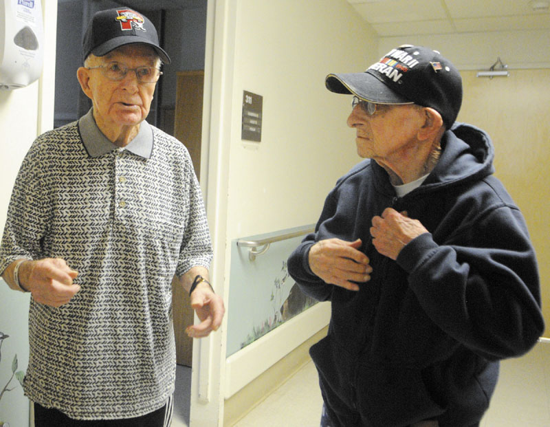 Army veterans Leon Audet, left, and Almo Nickerson served side-by-side on D-Day at Utah Beach in Normandy and are now roommates at Togus veterans hospital.