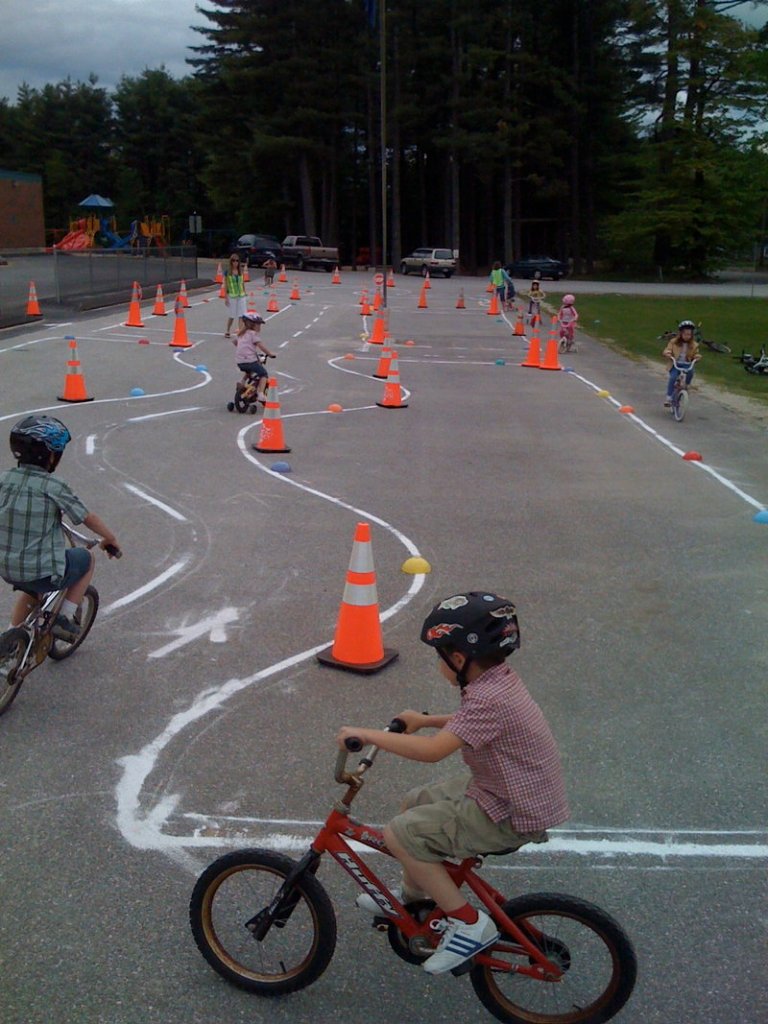 When starting out, children should ride in places that are free of trafffic, including skills courses at bike rodeos, or agility courses parents can set up in their own driveway.