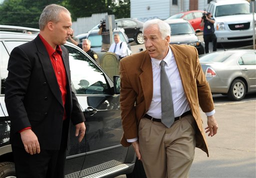Former Penn State University assistant football coach Jerry Sandusky arrives at the Centre County Courthouse in Bellefonte, Pa., today, as jury deliberations continue for a second day.