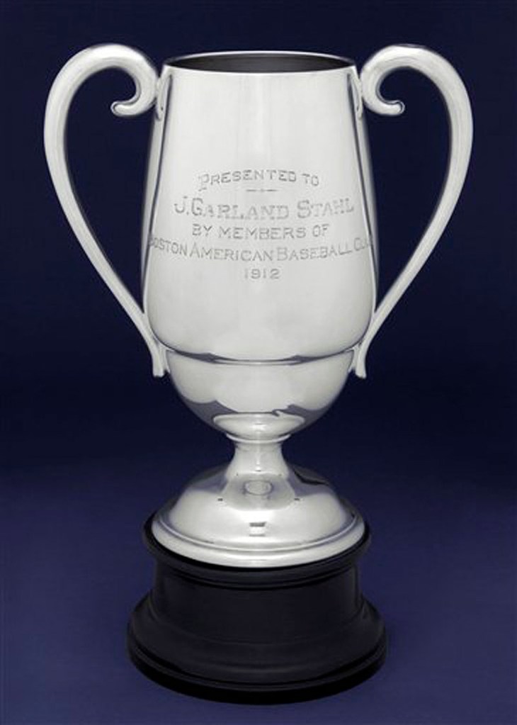 This June 2012 photo released†by Heritage Auctions in Dallas shows the front of a 1912 Boston Red Sox World Series trophy presented to manager Jake Stahl. The trophy, owned by Robert Fraser of Westwood, N.J., is scheduled to be auctioned Aug. 2, 2012, at Camden Yards in Baltimore. (AP Photo/Heritage Auctions)