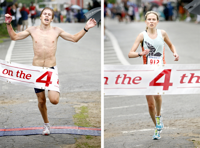 Men's winner Silas Eastman, a student at Fryeburg Academy, crosses the finish line during the 4 on the Fourth road race in Bridgton today. At right is the women's winner Women's winner Emily Ward of Richmond, Va.