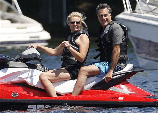 Republican presidential candidate Mitt Romney and wife Ann Romney jet ski on Monday on Lake Winnipesaukee in Wolfeboro, N.H., where Romney has a vacation home.