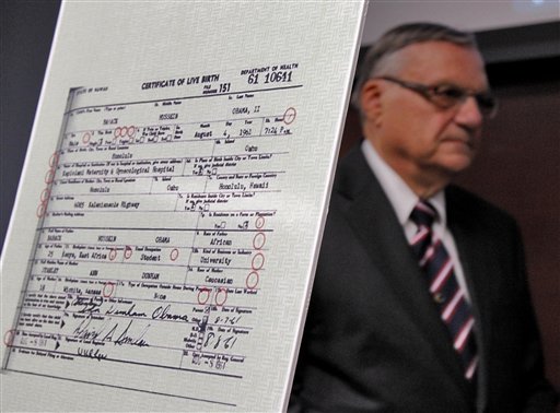 Maricopa County Sheriff Joe Arpaio exits after announcing Tuesday in Phoenix that President Obama's birth certificate, as presented by the White House in April 2011, is a forgery based on an investigation by the Sheriff's office.