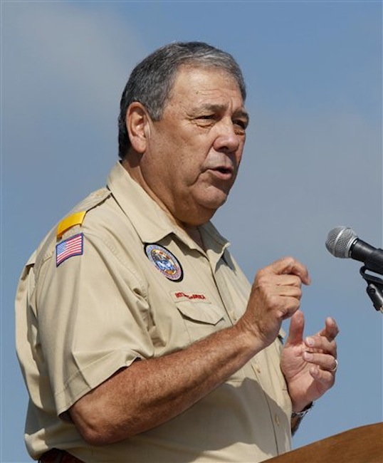 In this Saturday, May 21, 2011 file photo, Robert Mazzuca, Chief Scout Executive of the Boy Scouts of America, speaks to a gathering of Boy Scouts during ceremonies at New Jersey's Boy Scouts Camporee in Sea Girt, N.J. After a confidential two-year review, the Boy Scouts of America on Tuesday, July 17, 2012 emphatically reaffirmed its policy of excluding gays, ruling out any changes despite relentless protest campaigns by some critics. "The vast majority of the parents of youth we serve value their right to address issues of same-sex orientation within their family, with spiritual advisers and at the appropriate time and in the right setting," Mazzuca said. (AP Photo/Mel Evans)