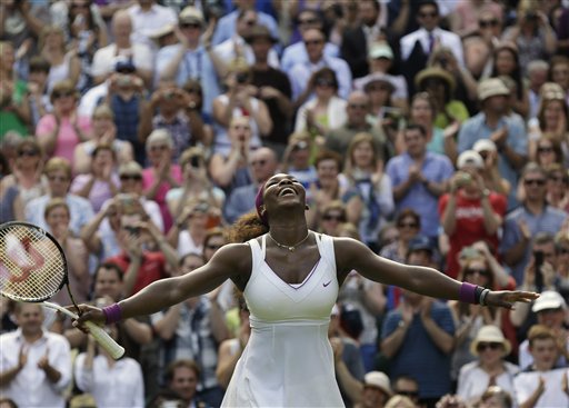 Serena Williams of the United States reacts after defeating Victoria Azarenka of Belarus during a semifinals match at the All England Lawn Tennis Championships on Thursday at Wimbledon, England.