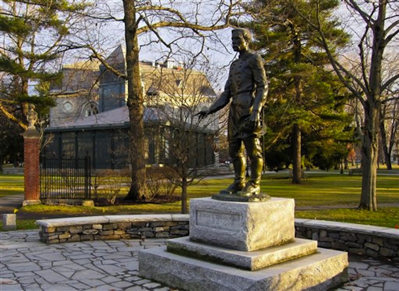 This undated photo supplied by the Brunswick Downtown Association shows a statue of Joshua Chamberlain in Brunswick, Maine, with the campus of Bowdoin College in the background. Chamberlain, a graduate of Bowdoin College and a professor there, led the Union's defense of Little Round Top at the Battle of Gettysburg during the Civil War and accepted the Confederacyís surrender at Appomattox in Virginia in 1865. (AP Photo/Brunswick Downtown Association/Benjamin Williamson) All Kinds of Stuff;Bowdoin; CSF; Simpson's;Bowdoin;CSF;Simpson's