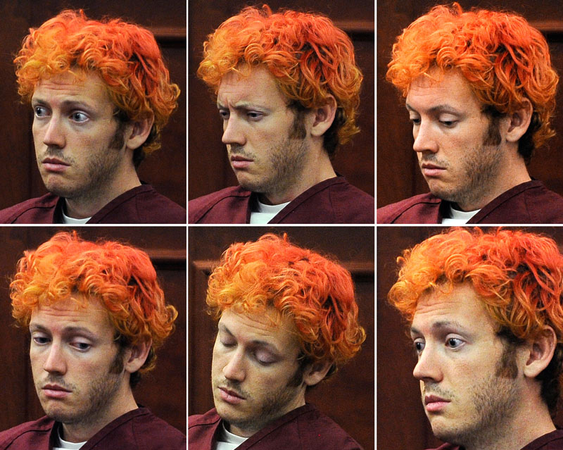 This photo combination shows a variety of facial expressions of James Holmes during his appearance at Arapahoe County District Court on Monday in Centennial, Colo. Holmes is accused of killing 12 people and wounding 58 in a shooting rampage on Friday.