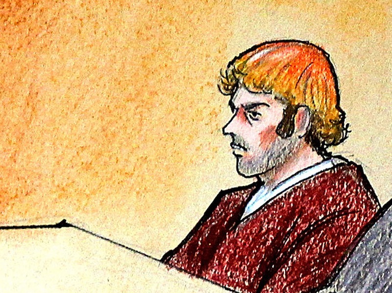 In this courtroom sketch, suspect James Holmes, third from right, sits in district court Monday, July 30, 2012, in Centennial, Colo. Holmes was charged Monday with 24 counts of murder and 116 counts of attempted murder in the shooting rampage at an Aurora movie theater. The July 20 attack at a midnight showing of the new Batman movie left 12 people dead and 58 others injured. (AP Photo/Jeff Kandyba, Pool)