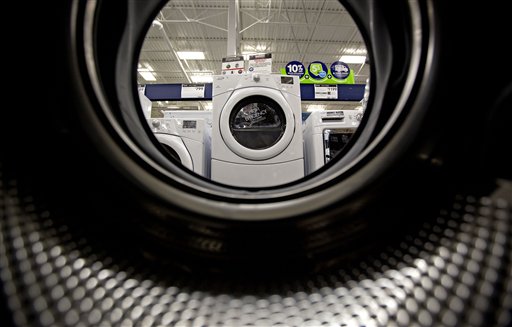Washing machines on display on a showroom floor at a Lowe's store in Atlanta. Companies cut back on orders for long-lasting U.S. factory goods last month, outside volatile aircraft and other transportation equipment.