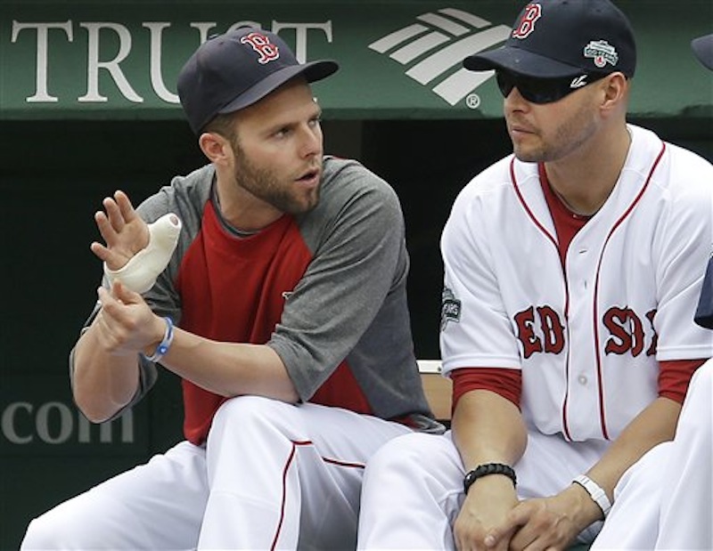 Boston Red Sox's Dustin Pedroia gestures with his bandaged hand as he chats with Cody Ross, right, during the first baseball game of a day-night doubleheader against the New York Yankees at Fenway Park in Boston, Saturday, July 7, 2012. Pedroia is on the 15-day disabled list (retroactive to July 4) with a right thumb sprain. (AP Photo/Elise Amendola)
