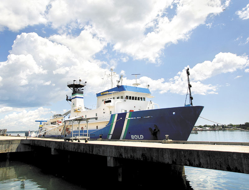 The Ocean Survey Vessel Bold docks in Portland on Monday. The Bold will travel 15 miles off the Maine coast to map as much as an 800-square-mile area of the ocean floor.