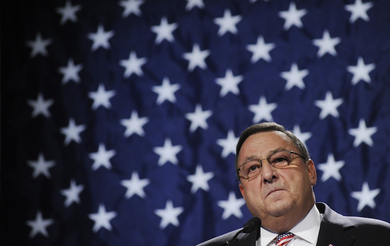 In this file photo, Gov. Paul LePage speaks during the Republican Party State Convention on May 6, 2012.