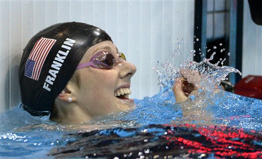 United States' Missy Franklin reacts after winning gold in the women's 100-meter backstroke swimming final Monday at the Aquatics Centre in the Olympic Park during the 2012 Summer Olympics in London.