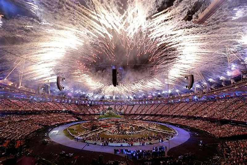 Fireworks explode during the Opening Ceremony at the 2012 Summer Olympics, Friday, July 27, 2012, in London. (AP Photo/Paul Sancya) 2012 London Olympic Games Summer Olympic games Olympic games Spo