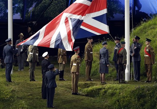 The British flag is raised up during the Opening Ceremony at the 2012 Summer Olympics, Friday, July 27, 2012, in London. (AP Photo/Paul Sancya) 2012 London Olympic Games Summer Olympic games Olympic games Sports Events XXX Olympiad